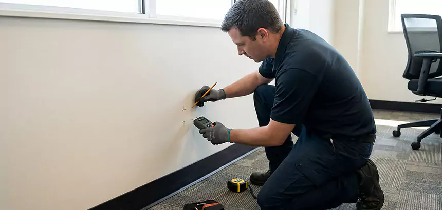 Technician measuring moisture and marking damaged drywall for selective removal.