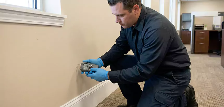 Technician using a moisture meter to inspect drywall in a commercial office
